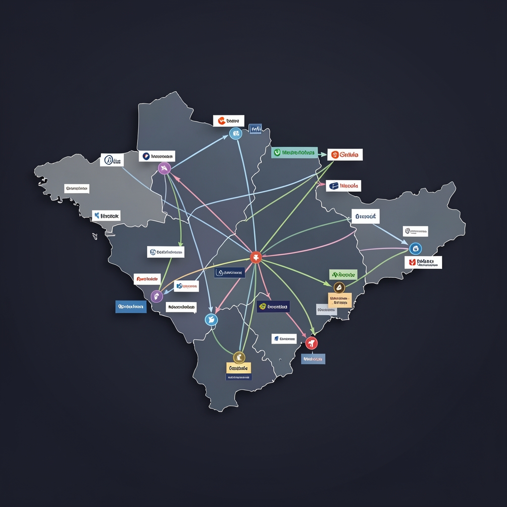 Infografika s mapom medijskog vlasništva u Hrvatskoj, strelice i čvorovi prikazuju vlasničke veze između medijskih kuća na tamnoj podlozi