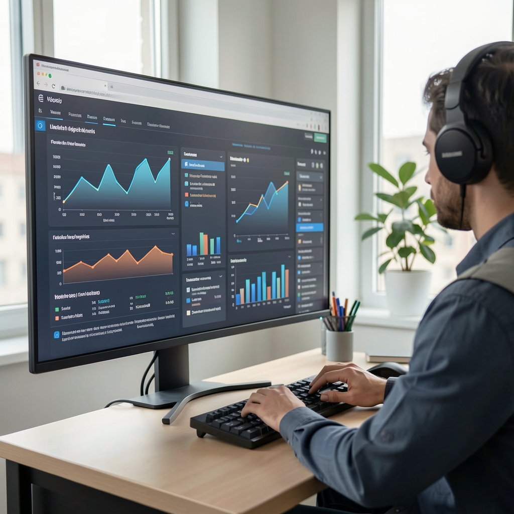 Novinar koristi alate za umjetnu inteligenciju na velikom monitoru, digitalni ekran s grafovima i tekstualnim analizama