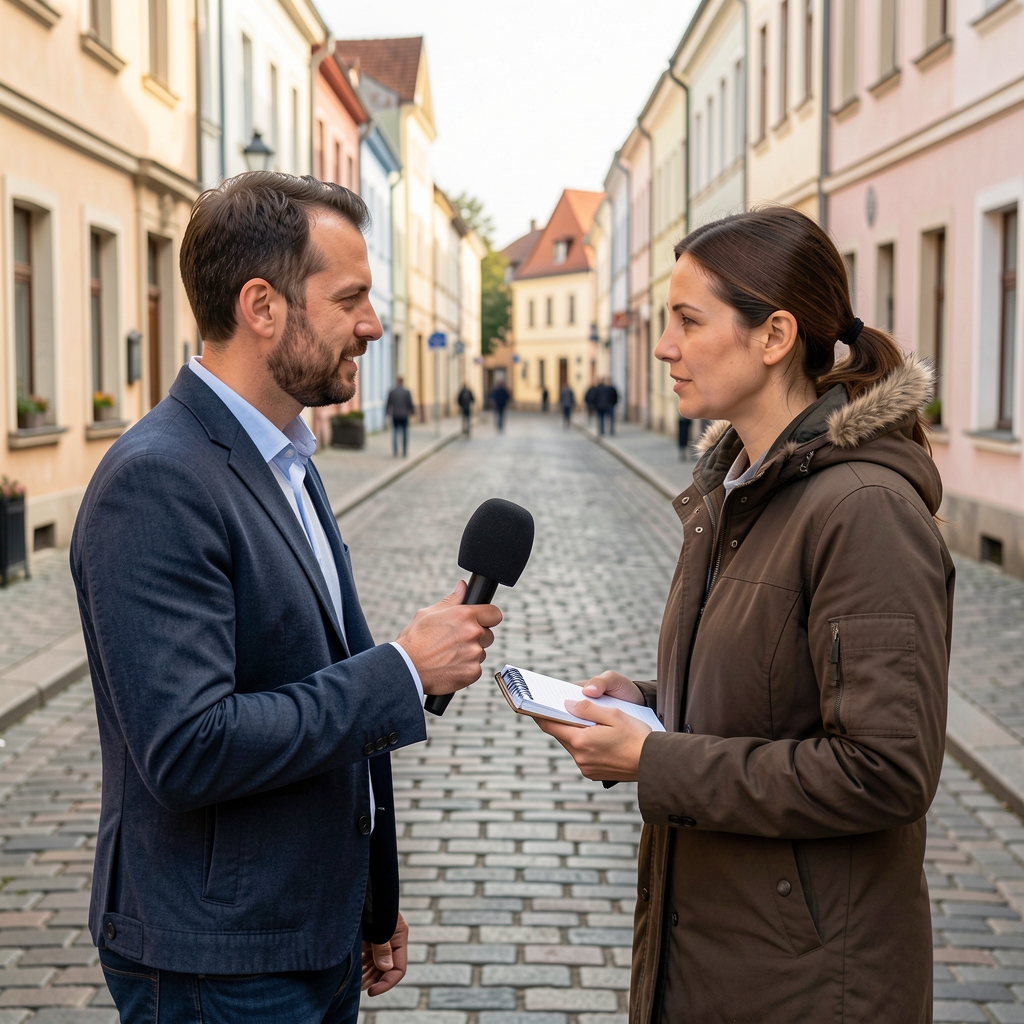 Lokalni novinar intervjuira sugovornika na ulici manjeg hrvatskog grada uz mikrofon i bilježnicu