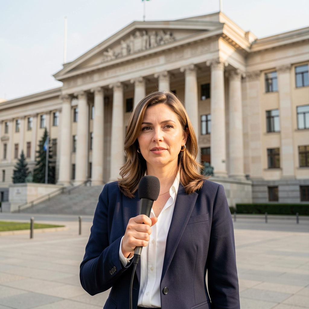 Novinarka drži mikrofon ispred zgrade parlamenta za reportažu o politici
