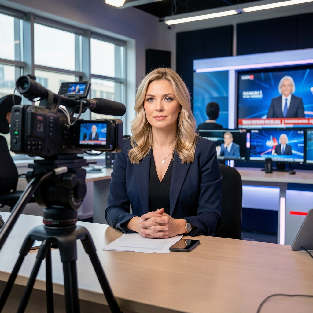 Novinarska kamera u studiju televizijskog programa snima voditeljicu vijesti